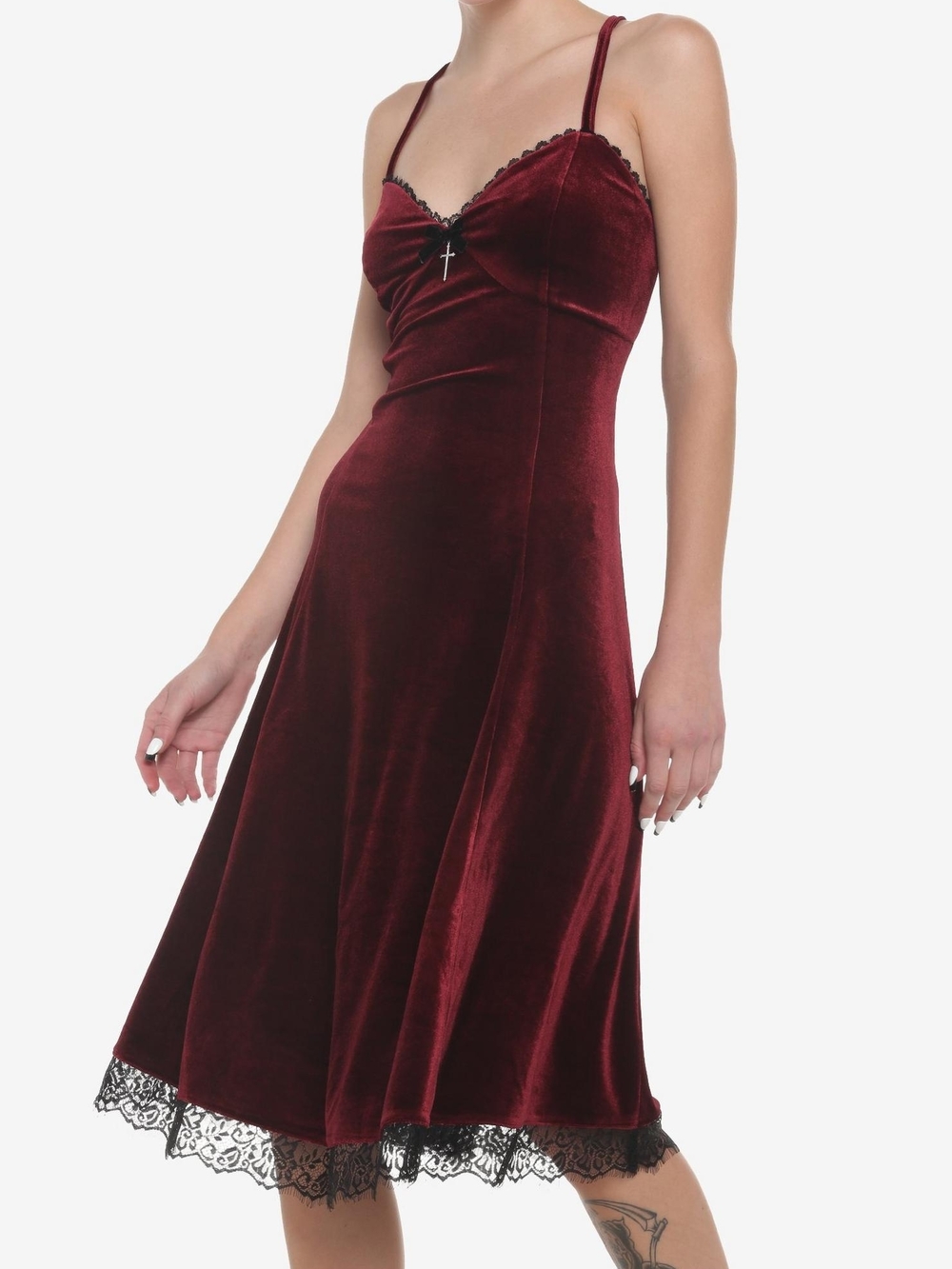 Cosmic Aura Hot Topic Burgundy Velvet & Black Lace Trim Midi Dress